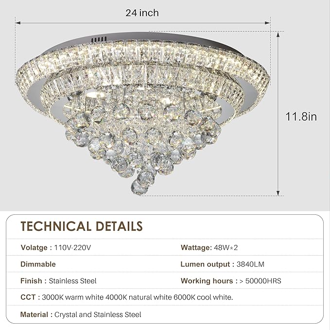Miuyhji Elegant LED Crystal Raindrop Ceiling Light, 24" Flush Mount Chandelier Light Fixture with Remote Control for Living Room, Kitchen, Island, Bedroom, Hallway Entryway Foyer(Dimmable)