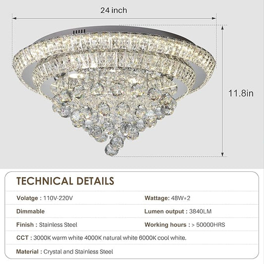Miuyhji Elegant LED Crystal Raindrop Ceiling Light, 24" Flush Mount Chandelier Light Fixture with Remote Control for Living Room, Kitchen, Island, Bedroom, Hallway Entryway Foyer(Dimmable)
