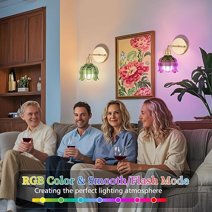 Wireless Wall Sconce with Flower lampshade, Battery Operated Wall Lights,Wall lamp with 15 Colors for Bedroom Living Room Home Decor (Green, 2 Light Battery Operated)