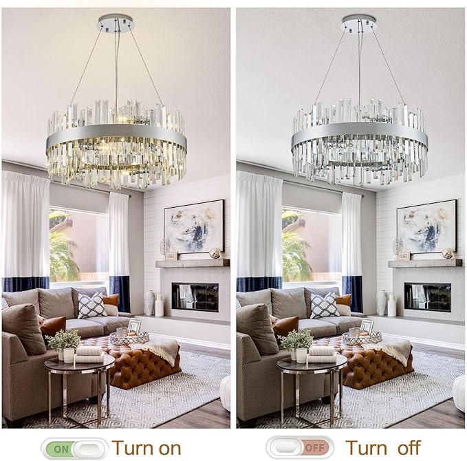 24'' Modern Chrome Crystal Chandeliers for Dining Room,2 Tiers 12 Lights Raindrop Round Chandelier Adjustable Height,Luxury Dimmable Pendant Ceiling Light for Living Room Kitchen Island Foyer