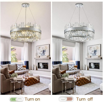 24'' Modern Chrome Crystal Chandeliers for Dining Room,2 Tiers 12 Lights Raindrop Round Chandelier Adjustable Height,Luxury Dimmable Pendant Ceiling Light for Living Room Kitchen Island Foyer