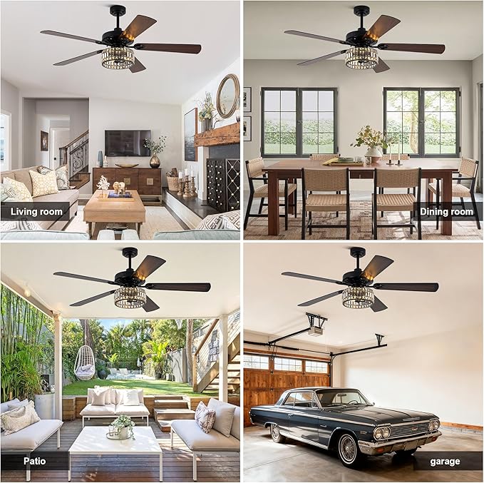 Farmhouse Ceiling Fan with Lights and Remote Large Rustic Ceiling Fan Caged Fandelier Industrial Chandelier Light, Reversible Quiet DC Motor 6 Speed for Indoor Outdoor (Crystal, 60 Inch)