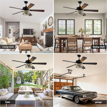 Farmhouse Ceiling Fan with Lights and Remote Large Rustic Ceiling Fan Caged Fandelier Industrial Chandelier Light, Reversible Quiet DC Motor 6 Speed for Indoor Outdoor (Crystal, 60 Inch)