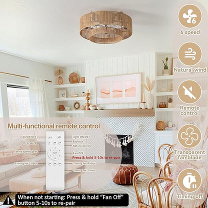 20'' Rattan Boho Ceiling Fan with Light, Enclosed Caged Ceiling Fans with Lights and Remote Control, Coastal Flush Mount with Reversible 6 Speeds for Living Room Bedroom Kitchen
