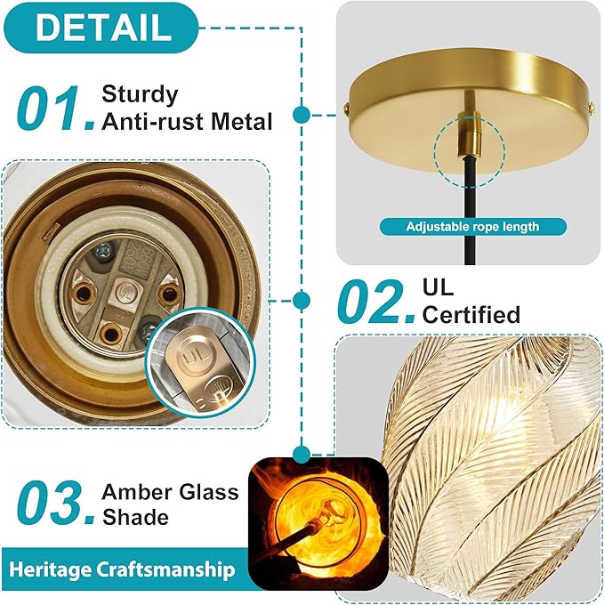 Amber Glass Gold Pendant Light, Farmhouse Kitchen Island Pendant Light Fixture Adjustable Vintage Hanging Ceiling Light for Dining Room Corridor Bedroom 1 Pack, UL Certification