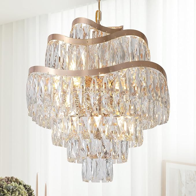 12 Lights 7-Tier K9 Crystal Gold Chandelier 20" Modern Pendant Chandelier Lighting Crystal Light Fixtures for Living Room Dining Room Bedroom Kitchen Foyer Entryway, E12