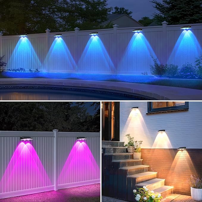 Solar Fence Lights Outdoor 8-Pack, Waterproof Solar Powered LED Fence Deck Light with Warm White & 6 RGB Colors & 2 Lighting Modes for Deck, Step, Stair, Fence, Outside, Patio, Garden, Backyard