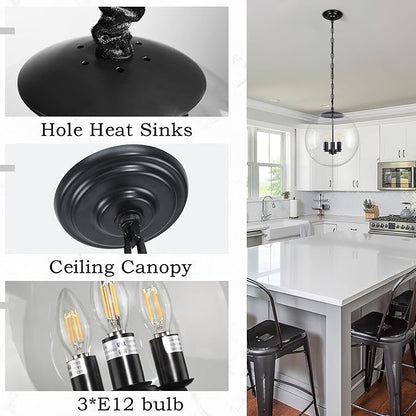 KoKo&Yukina 14" Black Globe Pendant Light Mid Century Pendant Light Clear Glass Pendant Lights Kitchen Island Adjustable Hanging Light Fixture for Dining Room Bedroom Kitchen Island
