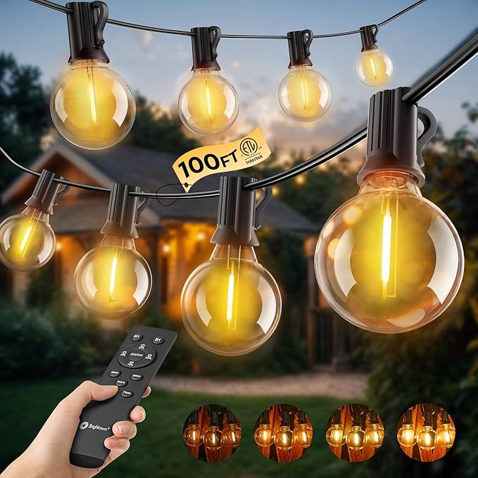 Outdoor String Lights with Remote, 100Ft Outside Waterproof Light with Dimmable G40 LED Bulbs, Shatterproof Connectable Hanging Patio Lights for Porch, Backyard, Bistro, Deck, Balcony, Home Decor