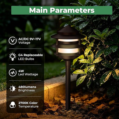 Gardencoin Pagoda Low Voltage Landscape Pathway Lights, 12V Outdoor LED Path Lights Wired, Aluminum Walkway Lighting with 4W 2700K Replaceable G4 Bulb, Bronze Classic 3-Tier Lantern, 6 Pack