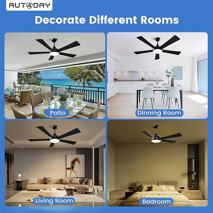 52 Inch Ceiling Fans with Lights and Remote - Black Ceiling Fan with Light, Quiet Reversible DC Motor, Dimmable Tri-Color LED, 5 Blades, Modern Indoor/Outdoor Ceiling Fans for Patios Bedroom