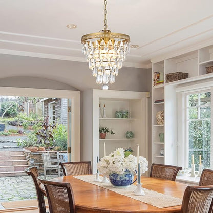 4 Light Chandeliers for Dining Room, K9 Crystal 5-Tier Vintage Gold Chandelier Light Fixture Pendant Lights Kitchen Island,Modern Chandeliers for Bedroom,Entryway