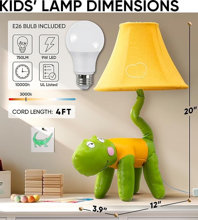 Crocodile Dinosaur Kids Lamp for Boys Bedroom - 20" Boys Lamp for Kids Room - Cute Christmas Gifts, Birthday Gifts for All Ages: Toddler Girls, Children 3 4 5 and Up Years Old, Sister Brother, Sibling