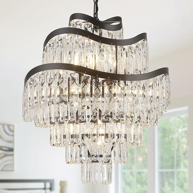 7-Tier 12 Lights Black Crystal Chandelier 20" Modern K9 Crystal Pendant Chandelier Light Fixture Luxury for Living Room Dining Room Bedroom Kitchen Foyer Entryway, E12