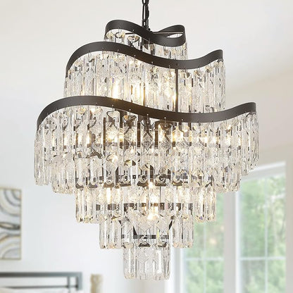 7-Tier 12 Lights Black Crystal Chandelier 20" Modern K9 Crystal Pendant Chandelier Light Fixture Luxury for Living Room Dining Room Bedroom Kitchen Foyer Entryway, E12