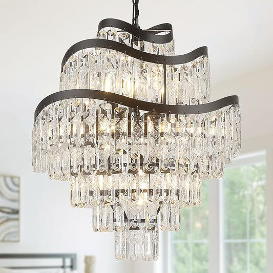 7-Tier 12 Lights Black Crystal Chandelier 20" Modern K9 Crystal Pendant Chandelier Light Fixture Luxury for Living Room Dining Room Bedroom Kitchen Foyer Entryway, E12