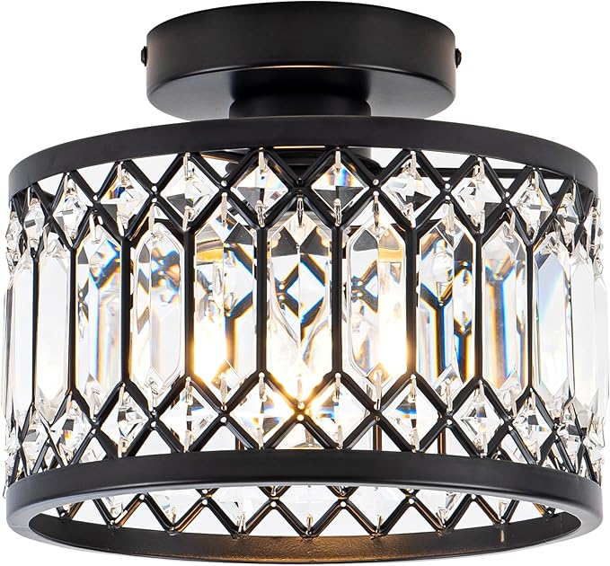 Rpzloila Crystal Ceiling Light Fixture, Modern Semi Flush Mount Ceiling Light,Crystal Chandelier for Kitchen Bedroom Bathroom Entryway Black (Bulb not Included)
