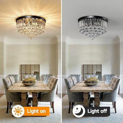 8-Light Modern Crystal Chandelier Black Metal G9 Base Flush Mount Round Light Fixture Ceiling Lamp Farmhouse for Dining Living Room Laundry Foyer Kitchen Balcony Bedroom (H 11''x W 16'')