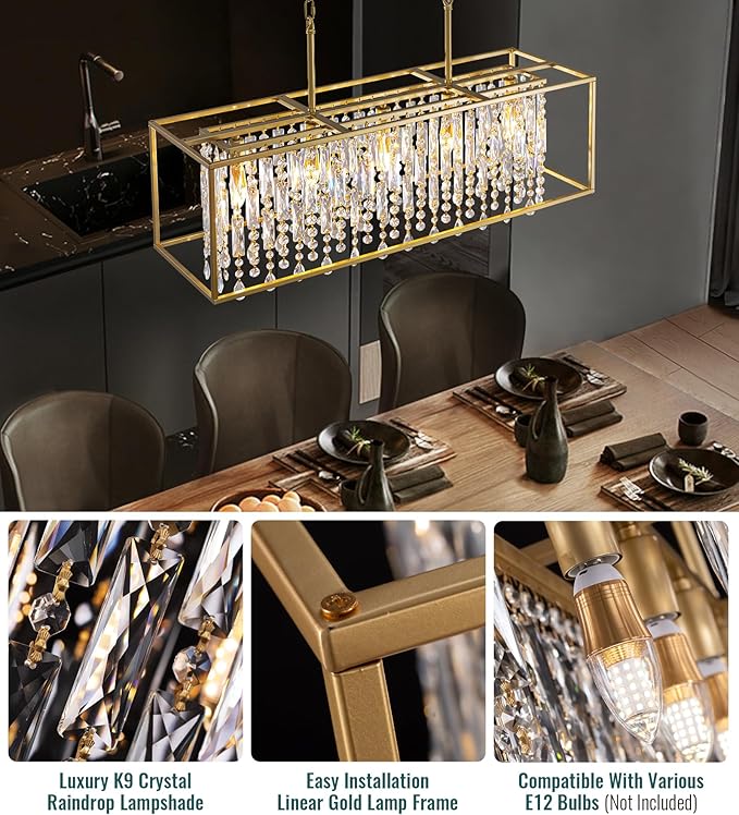 Siljoy Rectangular Gold Crystal Chandelier for Dining Room, 5-Light Modern K9 Crystal Raindrop Chandelier Luxury Crystal Pendant Ceiling Light for Living Room Kitchen Island L35.4'' x W11'' x H12''
