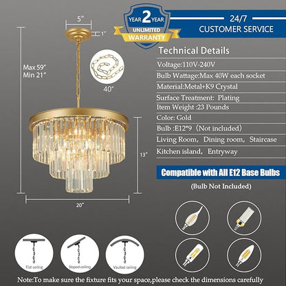 Weesalife Crystal Chandeliers for Dining Room Lights Fixtures, 9 Lights Gold Modern Chandeliers for Bedroom, 3-Tier Round Crystal Lighting Fixtures for Living Room Entryway Kitchen Island D20 Inch
