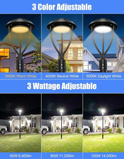 KUKUPPO 100W LED Post Top Light ETL Listed 14000Lm Adjustable CCT 3000K/4000K/5000K, Adjustable Wattage 100W/80W/60W Outdoor Pole Light Fixture with Photocell IP65 Waterproof AC100-277V