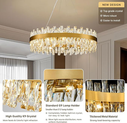 Modern Brass Gold Crystal Chandelier Lights, Round K9 Crystal Raindrop Chandelier, Pendant Ceiling Light Fixtures for Dining Living Dining Room Bedroom, Diameter 30 inches