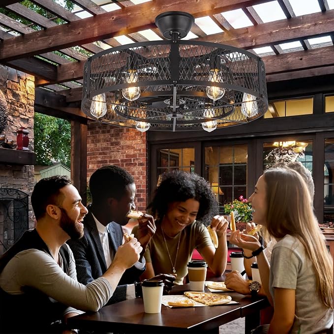 Depuley Outdoor Ceiling Fan with Light: 26" Caged Ceiling Fans with Remote Control for Patio Kitchen Bedroom - Farmhouse Fandelier Flush Mount Lights Fixture Reversible 6 Speed Timer Black