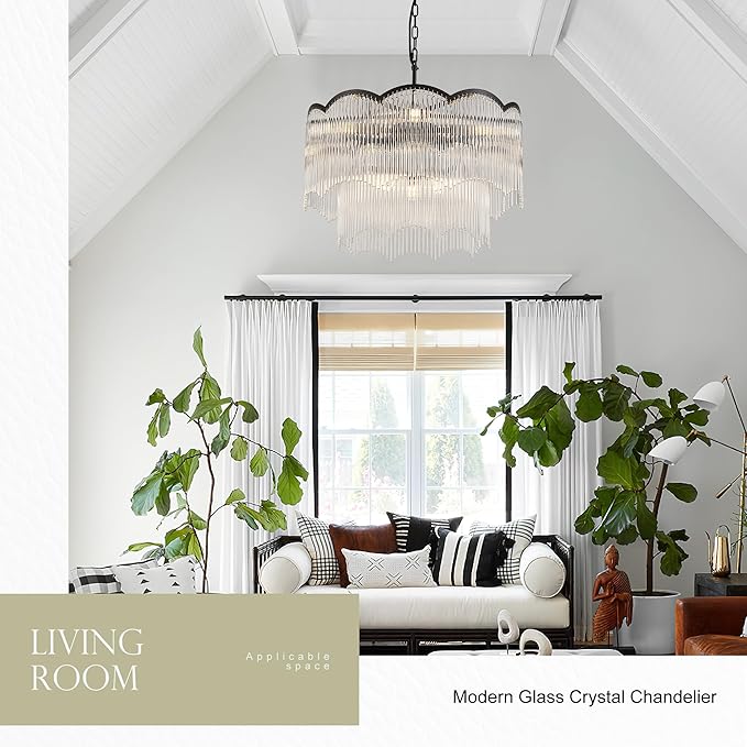 22.83" Black Clear Glass Crystal Chandelier 8-Light Modern Crystal Pendant Ceiling Light Fixture 2-Tier Luxury Glass Chandeliers,for Dining Room Kitchen Island Living Room Bedroom