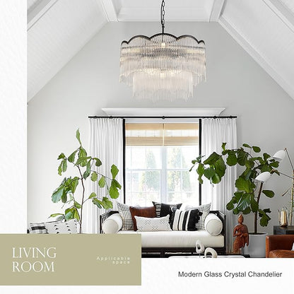22.83" Black Clear Glass Crystal Chandelier 8-Light Modern Crystal Pendant Ceiling Light Fixture 2-Tier Luxury Glass Chandeliers,for Dining Room Kitchen Island Living Room Bedroom