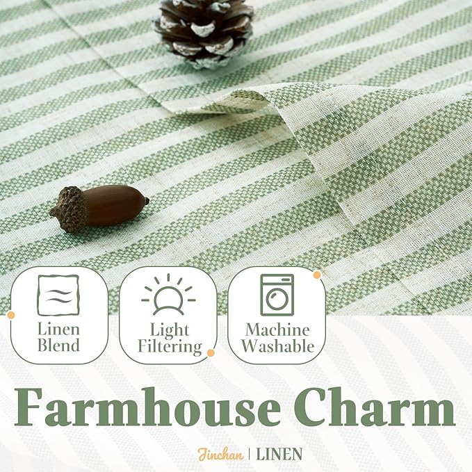 jinchan Striped Linen Kitchen Curtains with Attached Valance 24 Inch Length Cafe Tier Curtains for Living Room Rustic Half Window Light Filtering Rod Pocket Small Drapes 2 Panels Green