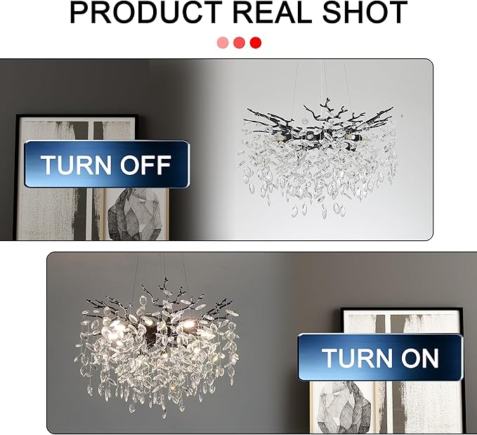 Modern Crystal Tree Branches Chandelier, 23.5in Black 8 Lights Large Ceiling Hanging Light for Dining Room, Round Raindrop Pendant Light Fixture