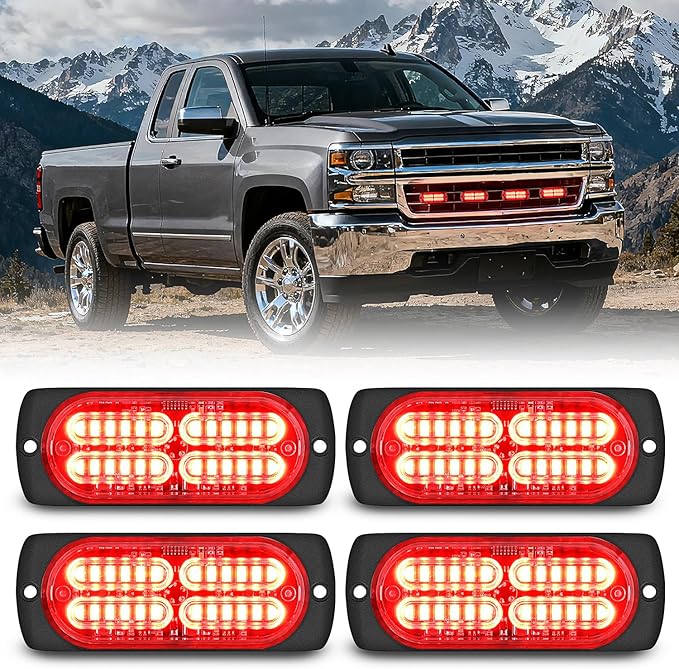 Nilight 4PCS 24LED Emergency Strobe lights 12V 24V Red Surface Mount Grille Hazard Safety Warning Light Sync Feature Side Flashing Marker Flash for Car Truck Campers