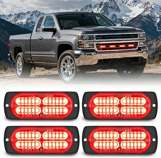 Nilight 4PCS 24LED Emergency Strobe lights 12V 24V Red Surface Mount Grille Hazard Safety Warning Light Sync Feature Side Flashing Marker Flash for Car Truck Campers
