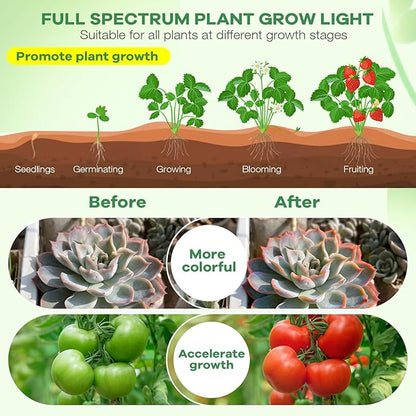 Led Grow Lights, 3 Heads Red Blue Plant Light with Clamp for Indoor Plants & Seed Starting, 10-Level Dimmable, Auto On Off, Timing 3 9 12Hrs