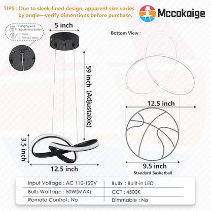 LED Chandelier Modern Pendant Light Fixture Simple Irregular Streamline Ring Light Black with 4500K and 59in Height Adjustable Hanging Lamp for Kitchen Island Hallway Foyer Closet Corridor