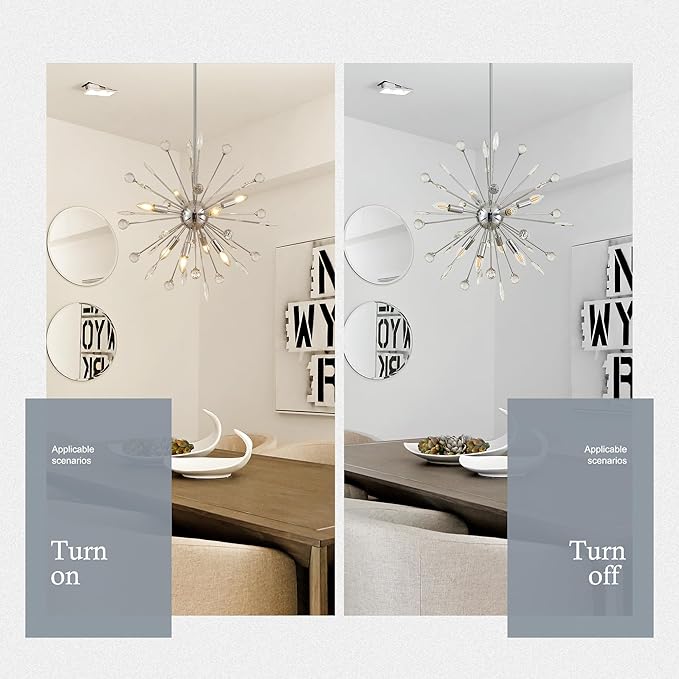 27.3" 8-Light Silver Sputnik Chandelier Modern Industrial Adjustable Firework Globe Ceiling Fixture for Living Room, Entryway, Dining, Bedroom, Hallway, Stairway