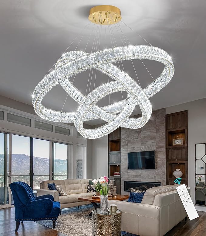 HAIXIANG Large Glam Chandelier Crystal LED 3 Rings Chandeliers Adjustable Hanging Ceiling Pendant Lights Fixture Gold 24"+32"+40" Ring Lighting for Living Room Foyer Entryway High Ceiling