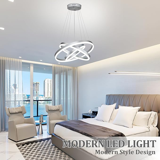 Modern Sliver Led Chandelier 3 Rings Pendant Lights Dimmable Chandeliers Color Temperature Height Adjustable Sliver Chandelier Led Pendant Light for Dining Room Bedroom Entryway Living Room
