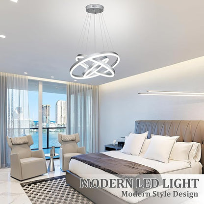 Modern Sliver Led Chandelier 3 Rings Pendant Lights Dimmable Chandeliers Color Temperature Height Adjustable Sliver Chandelier Led Pendant Light for Dining Room Bedroom Entryway Living Room
