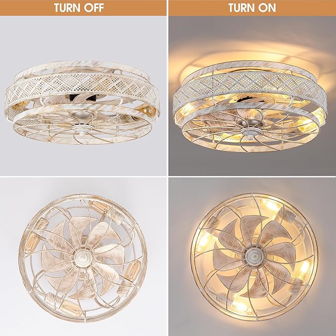 SHIHOT 18 Inch Low Profile Caged Ceiling Fans with Lights Remote Control, White Flush Mount Ceiling Fan, Small Bladeless Ceiling Fan Light Fixture For Bedroom, Kitchen, Reversible(Bulbs not Included)