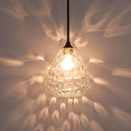 Transparent Clear Hammered Glass Pendant Light with Brass Gold Accent, Adjustable Hanging Lamp for Kitchen, Dining Room, and Living Room