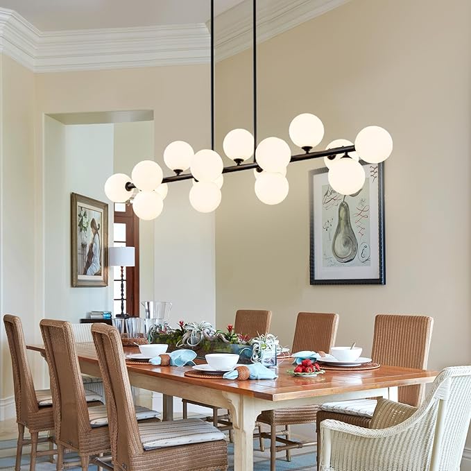 Linear Chandeliers for Dining Room, 55inch Glass Globe Chandelier Black Linear Sputnik Chandeliers 16 Light Large Long Modern Chandelier Milk White Glass Bubble Chandelier Kitchen Island Lighting