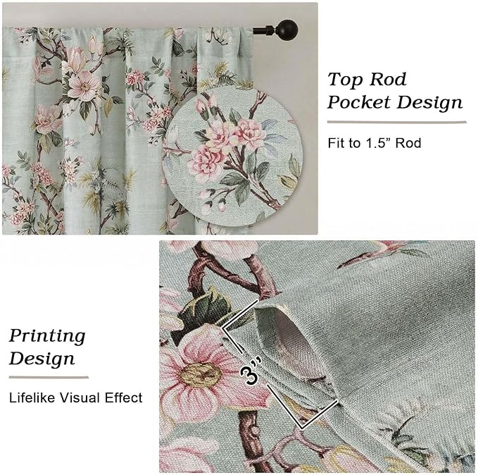 Simplebrand Light Green Floral Linen Textured Tier Kitchen Curtains 24 Inch 2 Panels, Light Filtering Privacy Cafe Small Window Curtains for Bathroom RV Camper, Soft Rod Pocket Panels, 30" W x 24" L