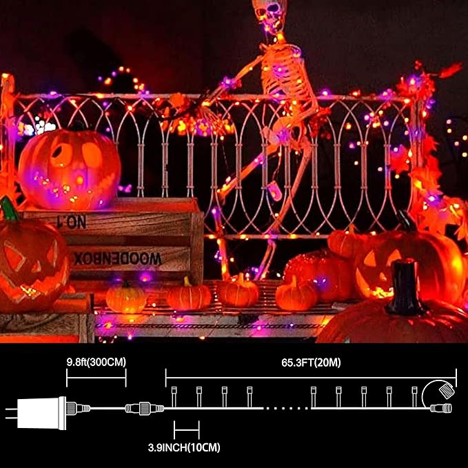LAMPHOME 66ft Halloween Decorative Mini Lights, 200 LED Transparent Wire Fairy Starry String Lights Plug in, 16 Lighting Modes, for Halloween Decoration Outdoor Party Decoration (Orange and Purple)