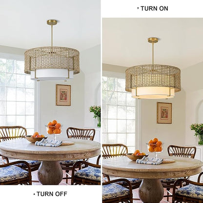25.6" Large Rattan Chandelier, 6-Light Boho Rustic Pendant Light with Fabric Shade, Hand Woven Wicker Hanging Ceiling Light Fixture for Dining Room, Living Room, Kitchen Island, Bedroom, Foyer