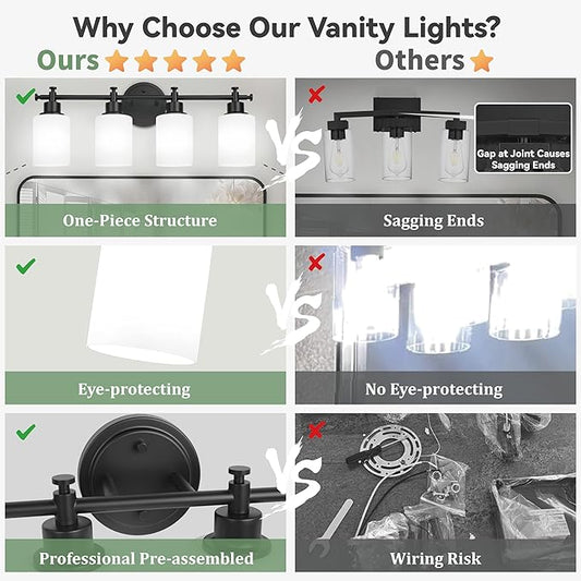 4-Light Bathroom Vanity Light, Black Vanity Lights for Bathroom, Modern Wall Sconce with White Glass Shades, Anti-Rust Vanity Light Fixture over Mirror, 23 Inch (Bulbs Not Included, E26 Base)