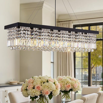 Black Modern Crystal Chandeliers for Dining Room Kitchen Island Light Fixture, 8-Light Rectangle Chandelier for Living Room, L39.4 Inch