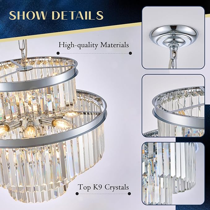 22" Modern Crystal Chandeliers 15 Lights Chrome Ceiling Pendant Light 4-Tier Luxury Round K9 Crystal Light Fixture for Living Room Dining Room Bedroom Kitchen Foyer