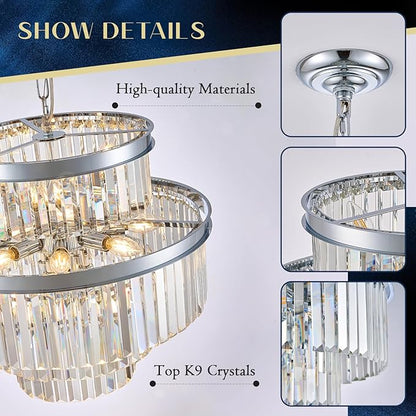 22" Modern Crystal Chandeliers 15 Lights Chrome Ceiling Pendant Light 4-Tier Luxury Round K9 Crystal Light Fixture for Living Room Dining Room Bedroom Kitchen Foyer