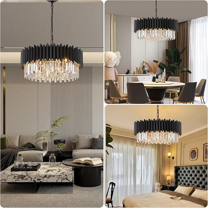 Modern 24" Black Crystal Chandelier Dimmable 8-Lights 3 Tiers Round Chandeliers K9 Crystal Ceiling Pendant Light Fixtures for Living Room Dining Room Bedroom Foyer Entryway